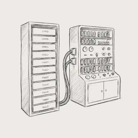 真空管プロセッサにつながるメモリ棚