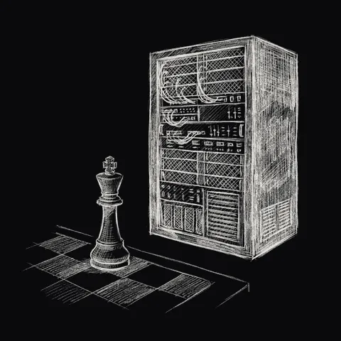 スーパーコンピュータの筐体に向き合うチェスのキング