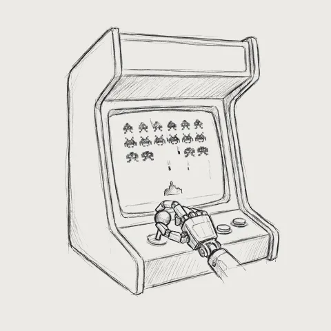アーケードのジョイスティックを握るロボットの手