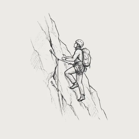 直前の支点に短いロープでつながる登山者