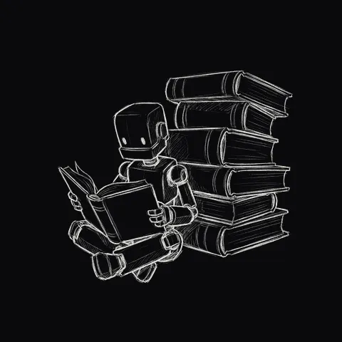 本の山の横で読書するロボット