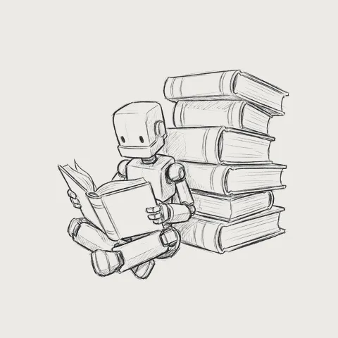 本の山の横で読書するロボット