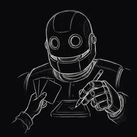 三つの例を見て四枚目を書く巨大なロボット