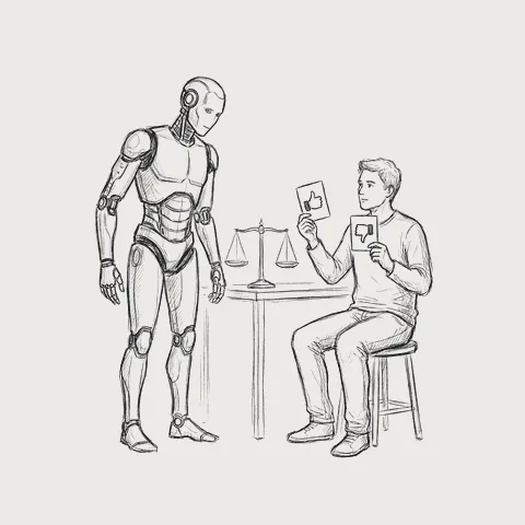 ロボットに高評価と低評価のカードを見せる人