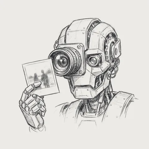 レンズの目で写真を調べるロボット