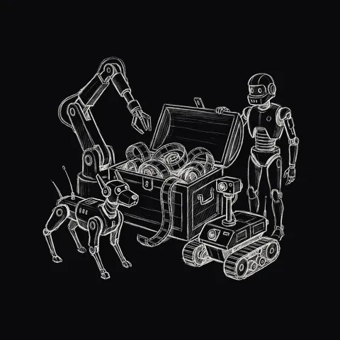 共有の箱を囲むアーム・ロボット犬・ローバー・人型