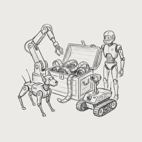 共有の箱を囲むアーム・ロボット犬・ローバー・人型