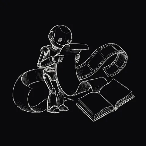 フィルムと本が混じった終わりのない巻物を読むロボット