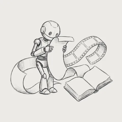 フィルムと本が混じった終わりのない巻物を読むロボット