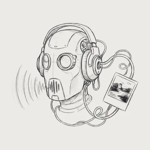 ヘッドセットのロボットと音声の波と写真